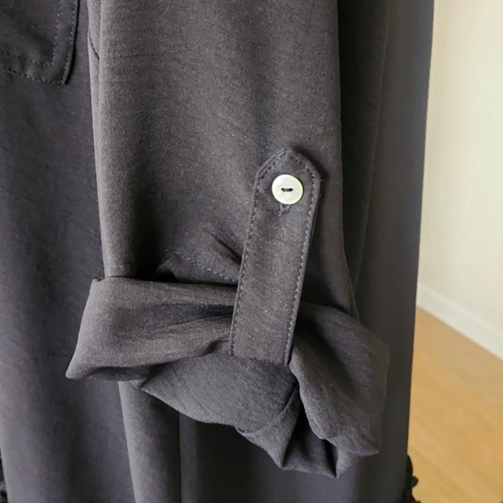 Emma & Michelle Shirt Dress Black Ruffle V-Neck Roll Tab Sleeves 2X - Picture 6 of 12